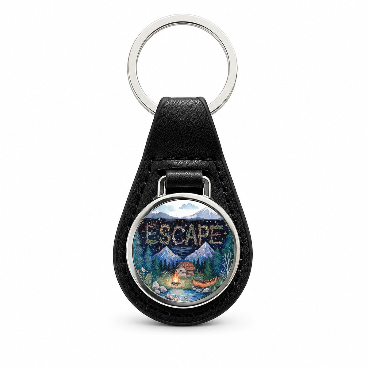 Escape Cozy Cabin Campfire Black Leather Metal Keychain