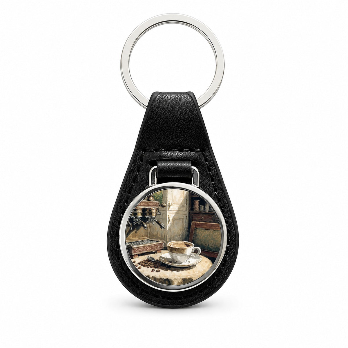 Espresso Coffee Aesthetic Black Leather Metal Keychain