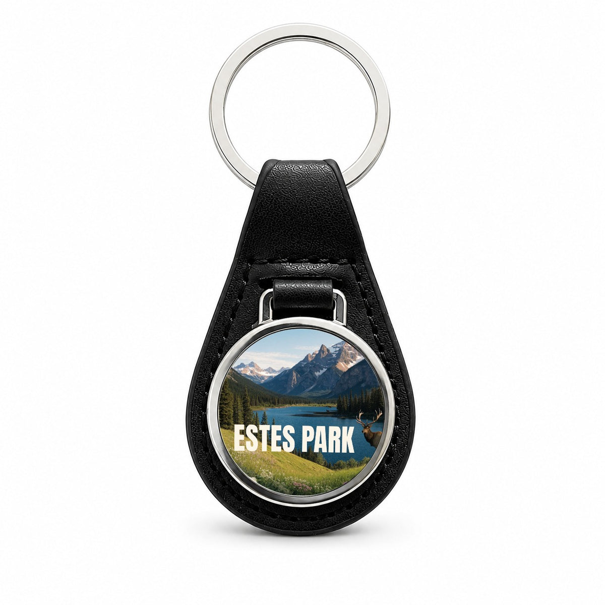 Estes Park Colorado Travel Black Leather Metal Keychain