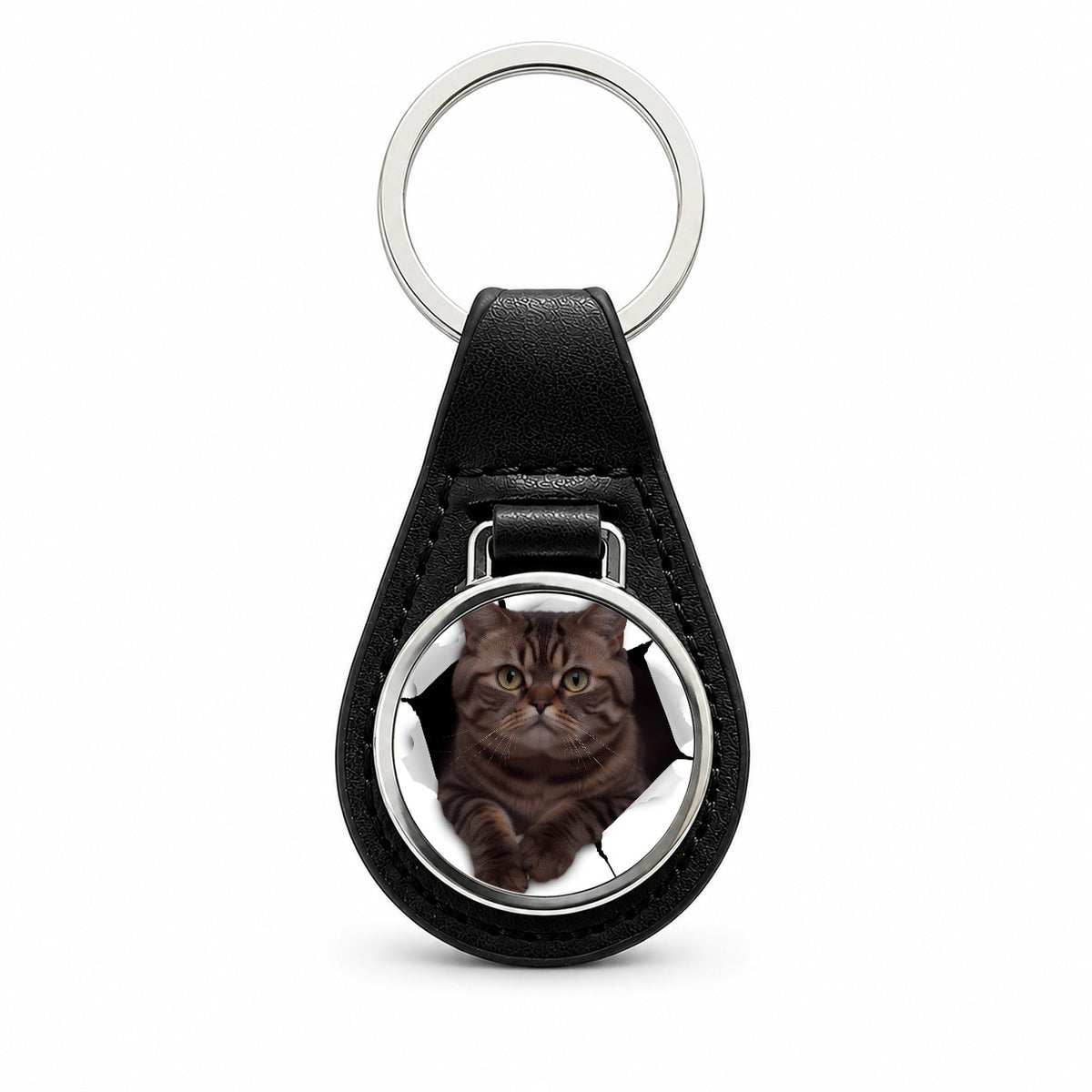 Exotic Shorthair Cat Breakout Black Leather Metal Keychain