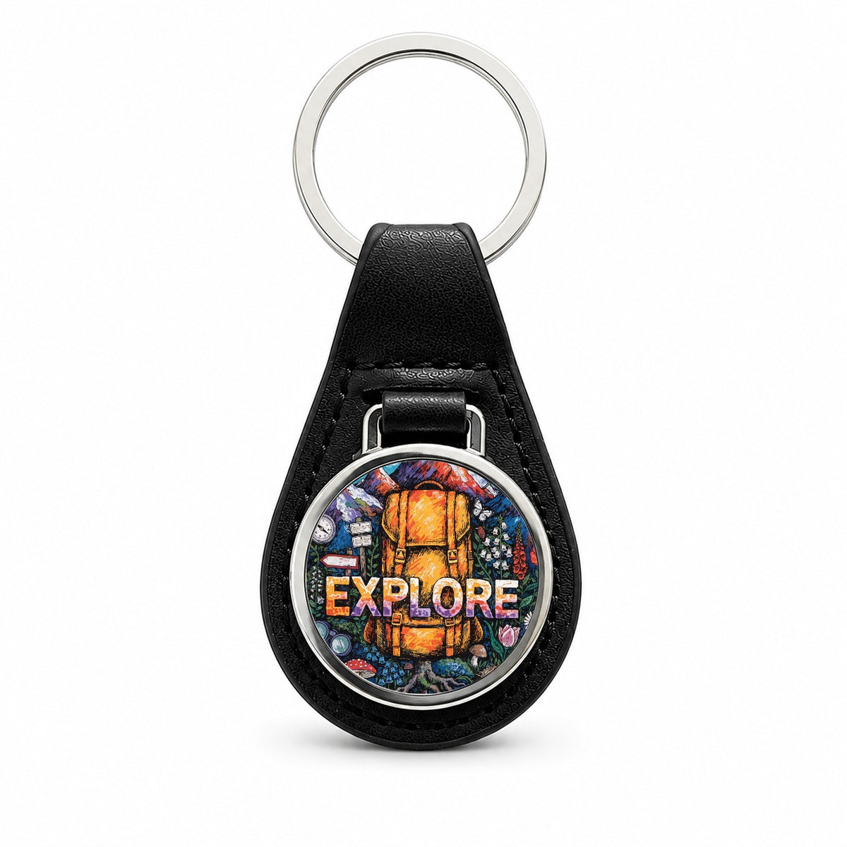 Explore Hiking Backpacking Illustration Black Leather Metal Keychain