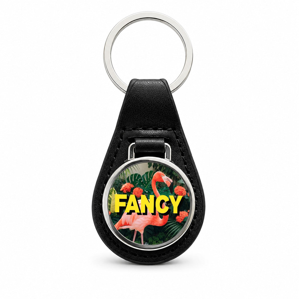 Fancy Pink Flamingo Funny Black Leather Metal Keychain