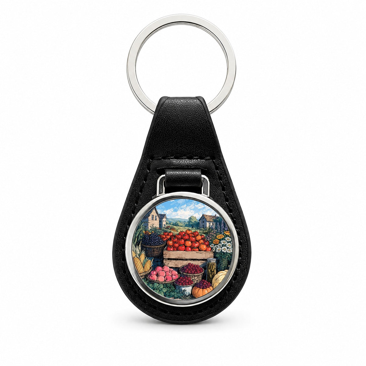 Farm Stand Garden Harvest Black Leather Metal Keychain