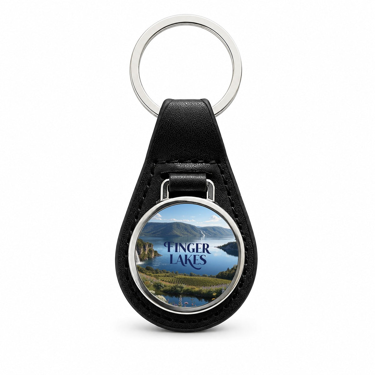 Finger Lakes Travel Black Leather Metal Keychain