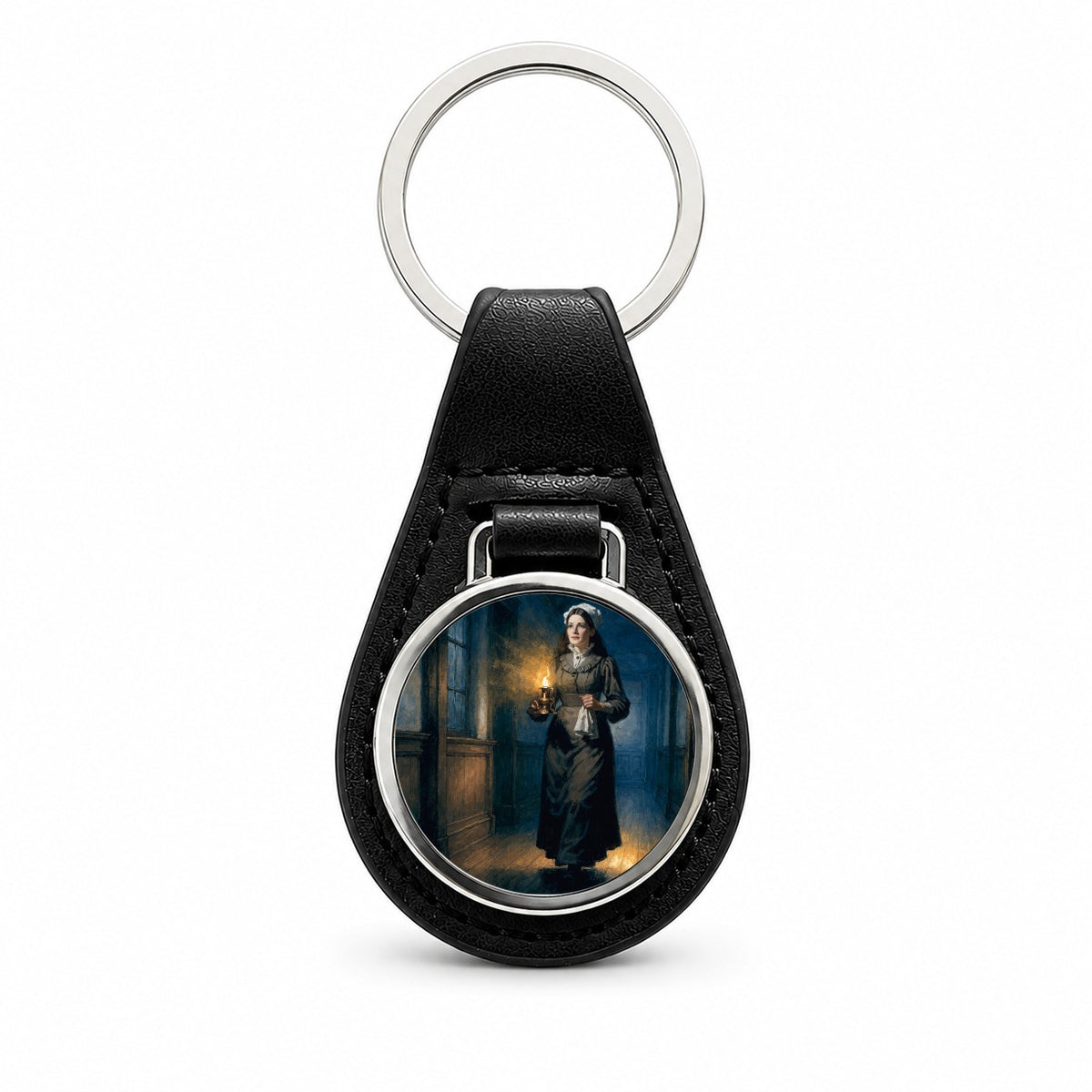 Florence Nightingale Nurse Black Leather Metal Keychain