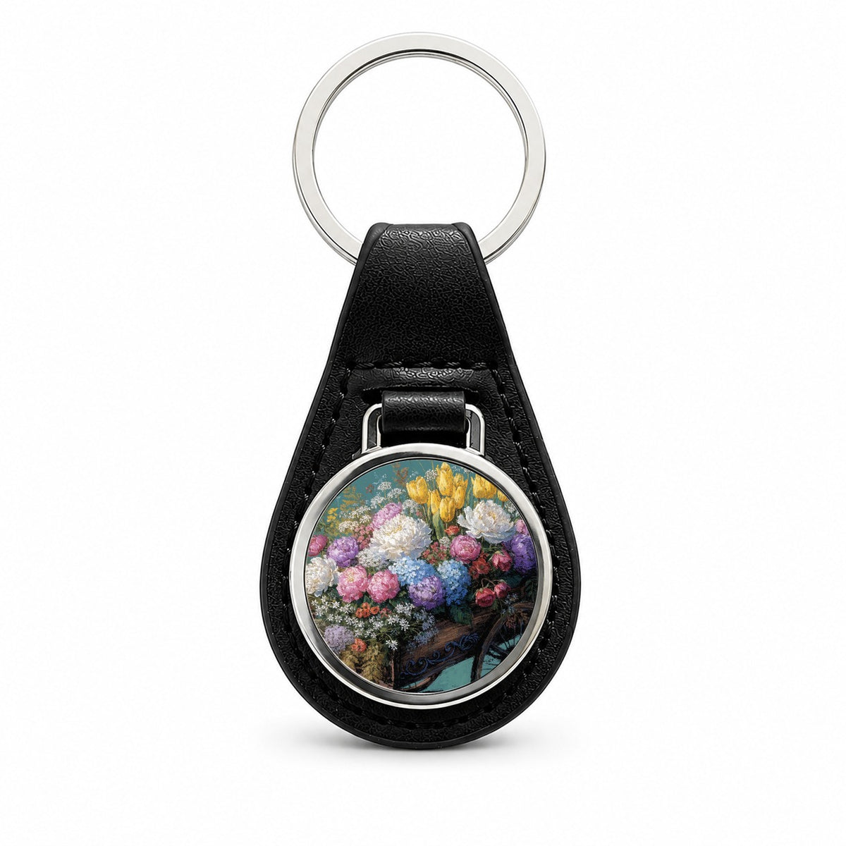 Flower Cart Overflowing Black Leather Metal Keychain