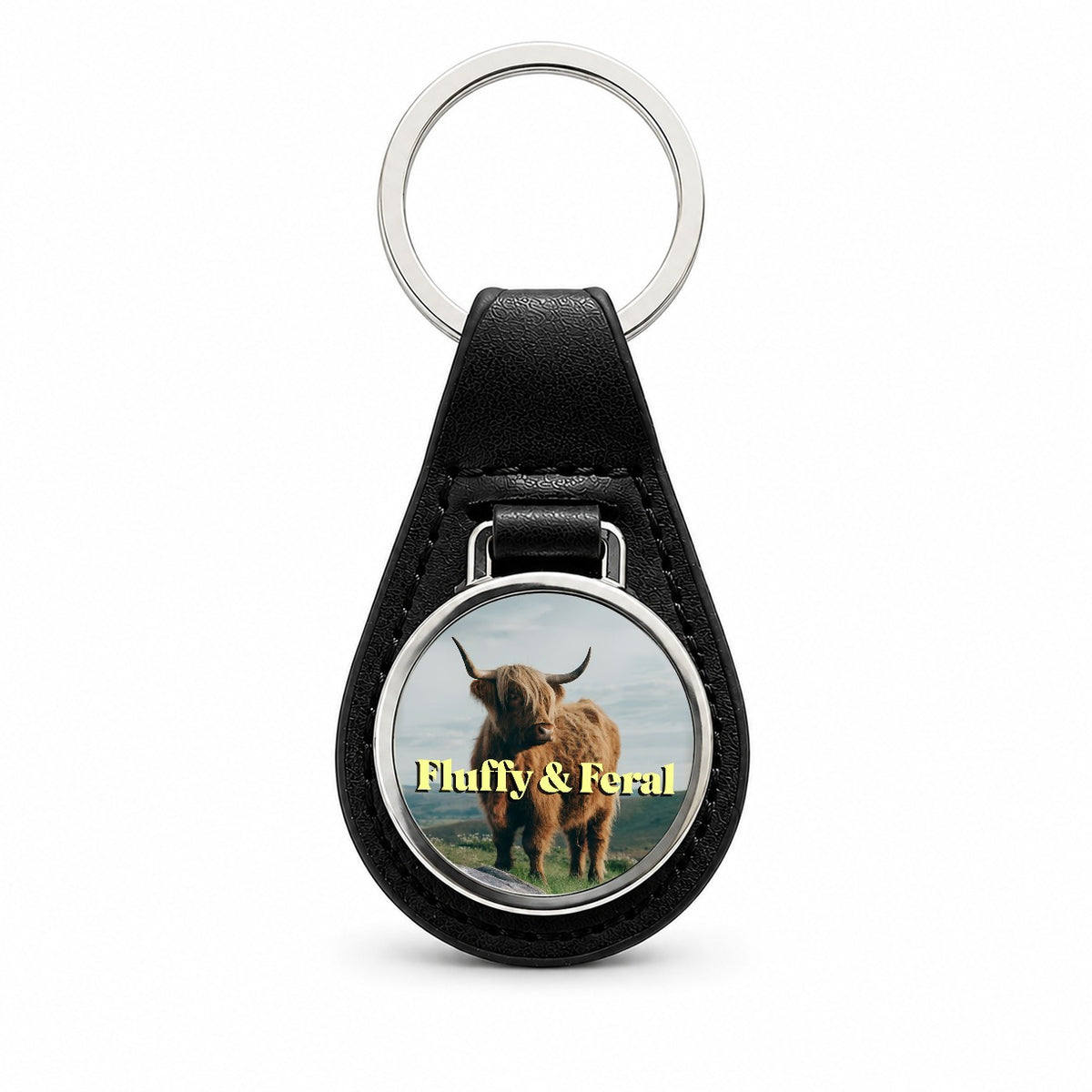 Fluffy Feral Highland Cow Funny Black Leather Metal Keychain