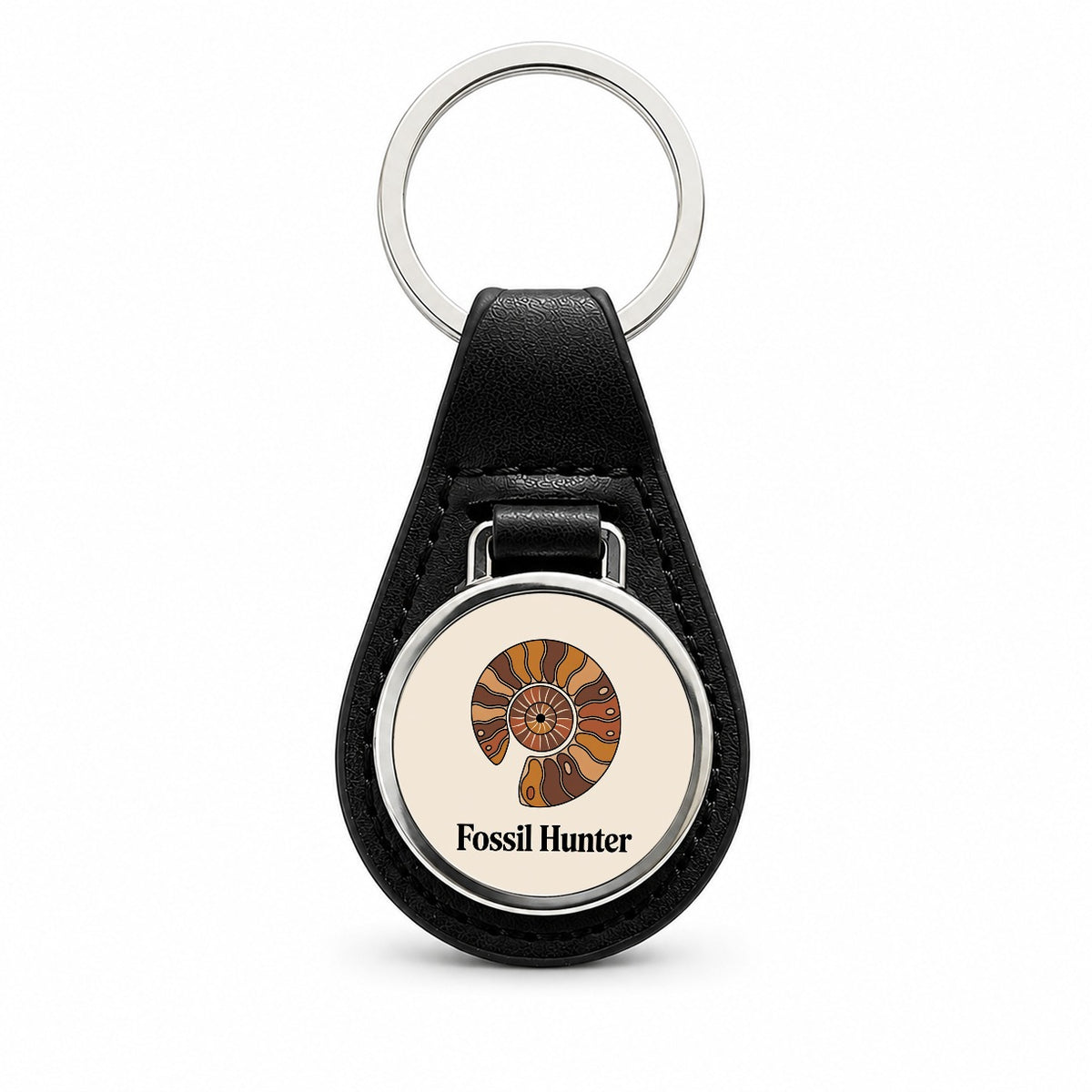 Fossil Hunter Ammonite Black Leather Metal Keychain