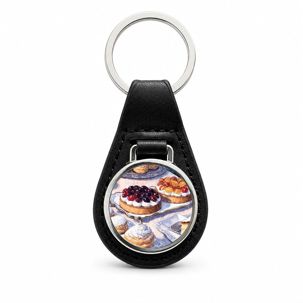 French Patisserie Pastries Black Leather Metal Keychain