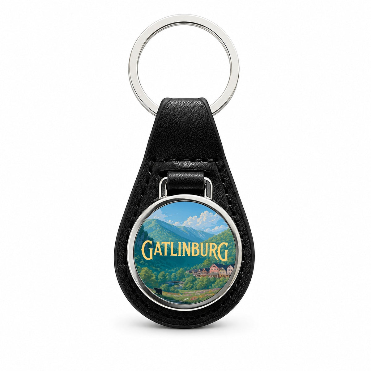 Gatlinburg Tennessee Travel Black Leather Metal Keychain