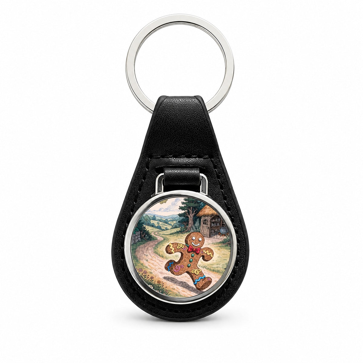 Gingerbread Man Fairy Tale Christmas Black Leather Metal Keychain