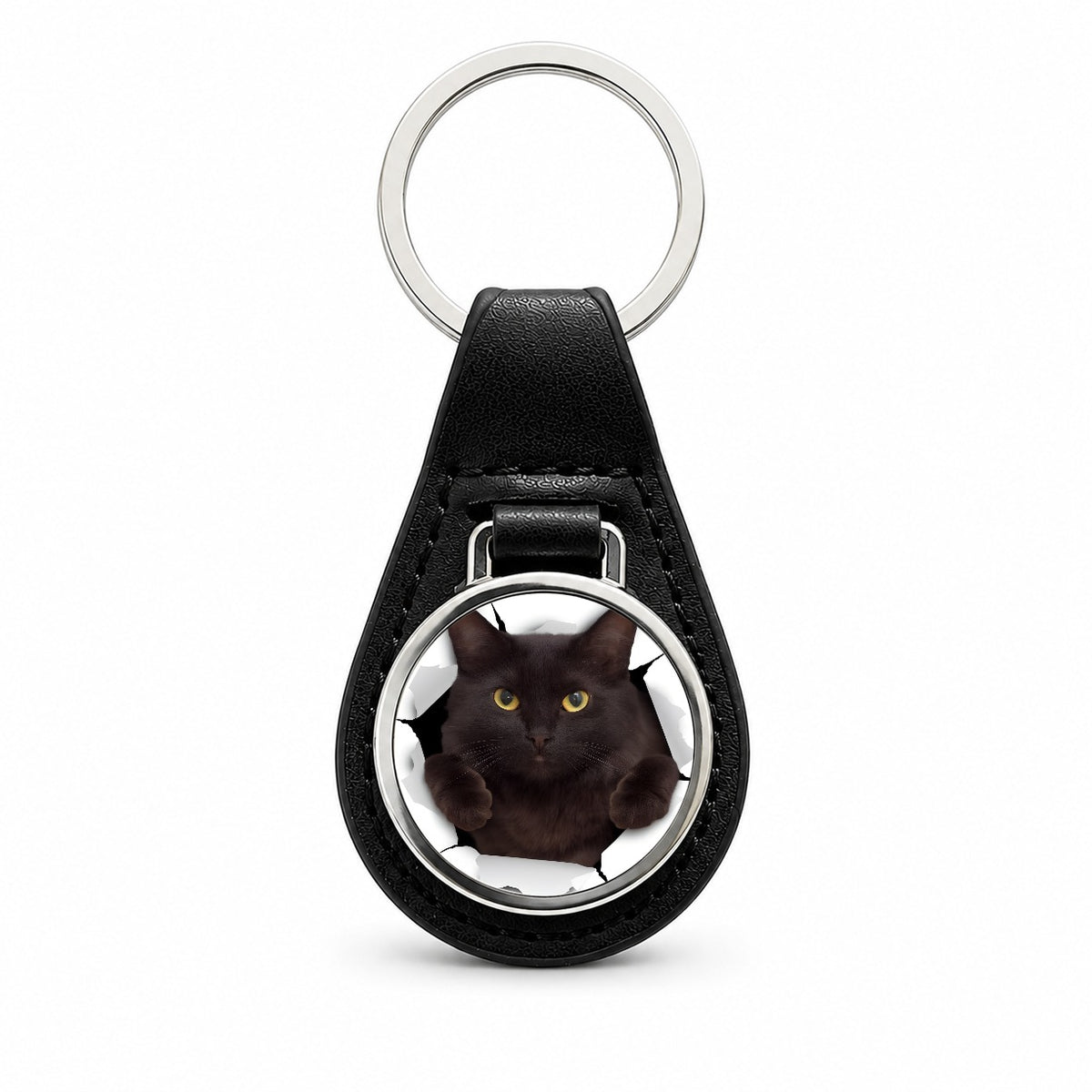 Gray Cat Breakout Black Leather Metal Keychain