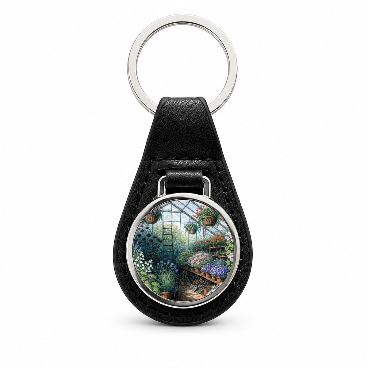 Greenhouse Gardening Plant Black Leather Metal Keychain