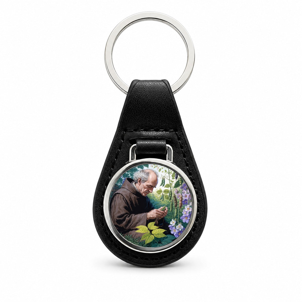 Gregor Mendel Geneticist Black Leather Metal Keychain
