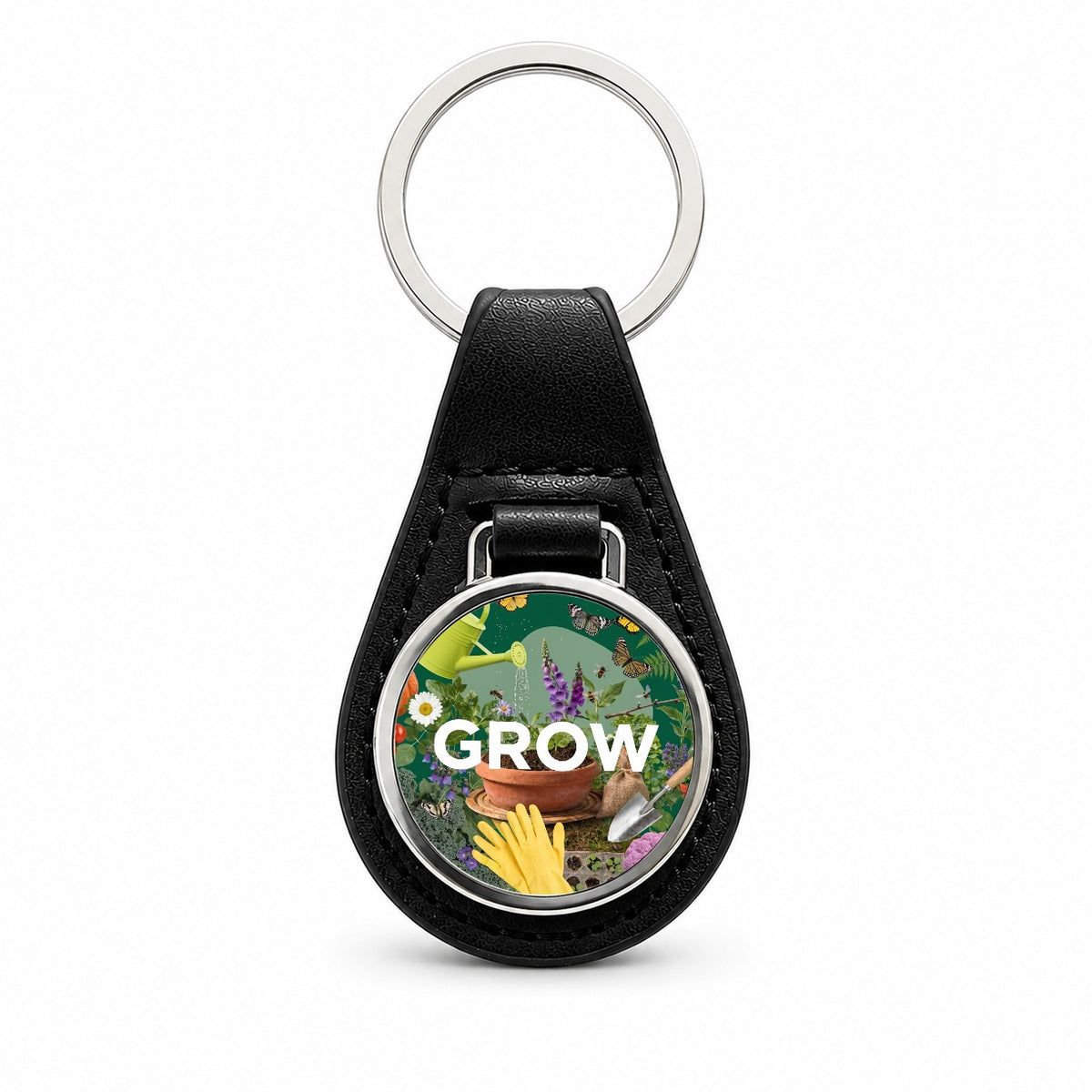 Grow Gardening Gardener Tools Black Leather Metal Keychain