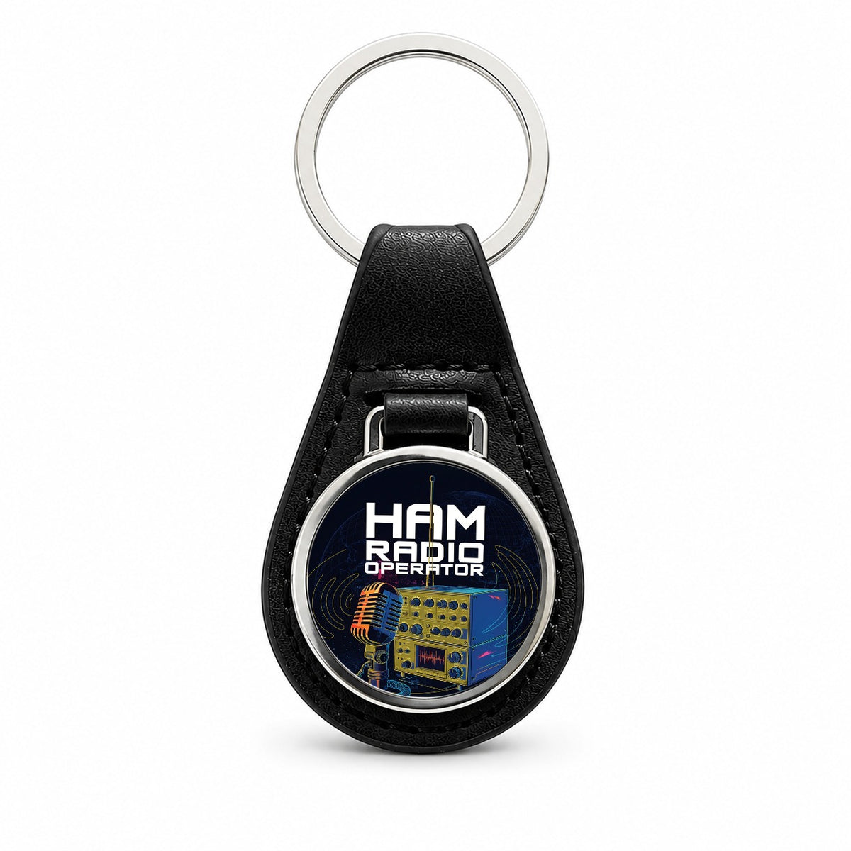 Ham Radio Operator Black Leather Metal Keychain