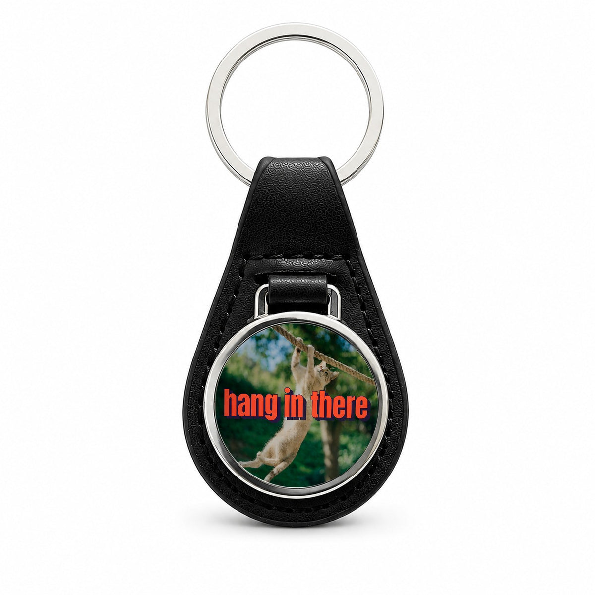 Hang In There Cat Funny Black Leather Metal Keychain