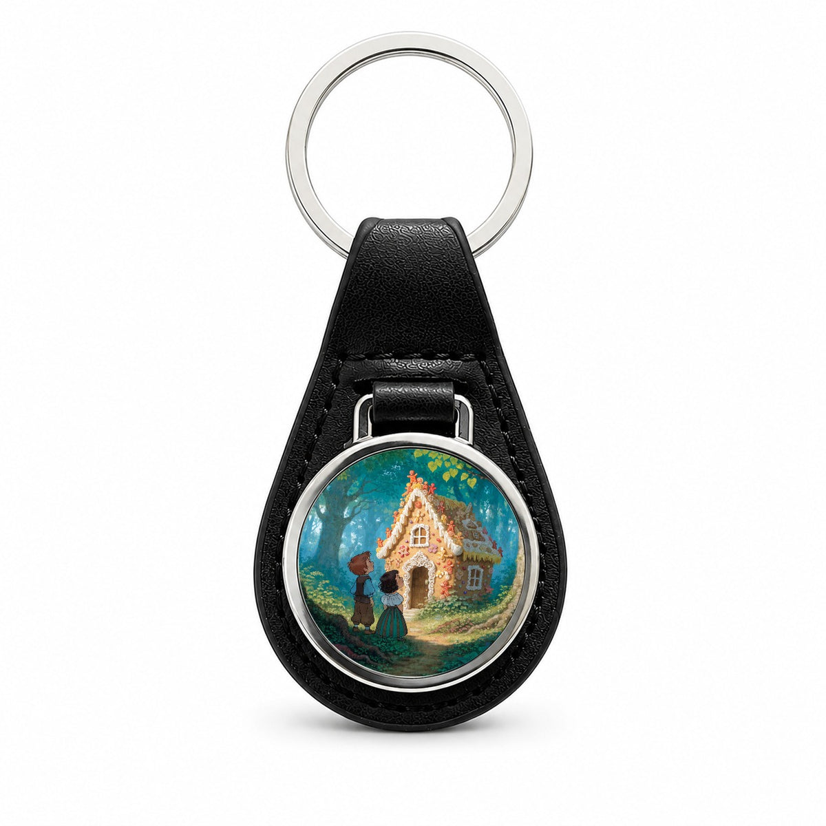 Hansel Gretel Gingerbread Cottage Black Leather Metal Keychain