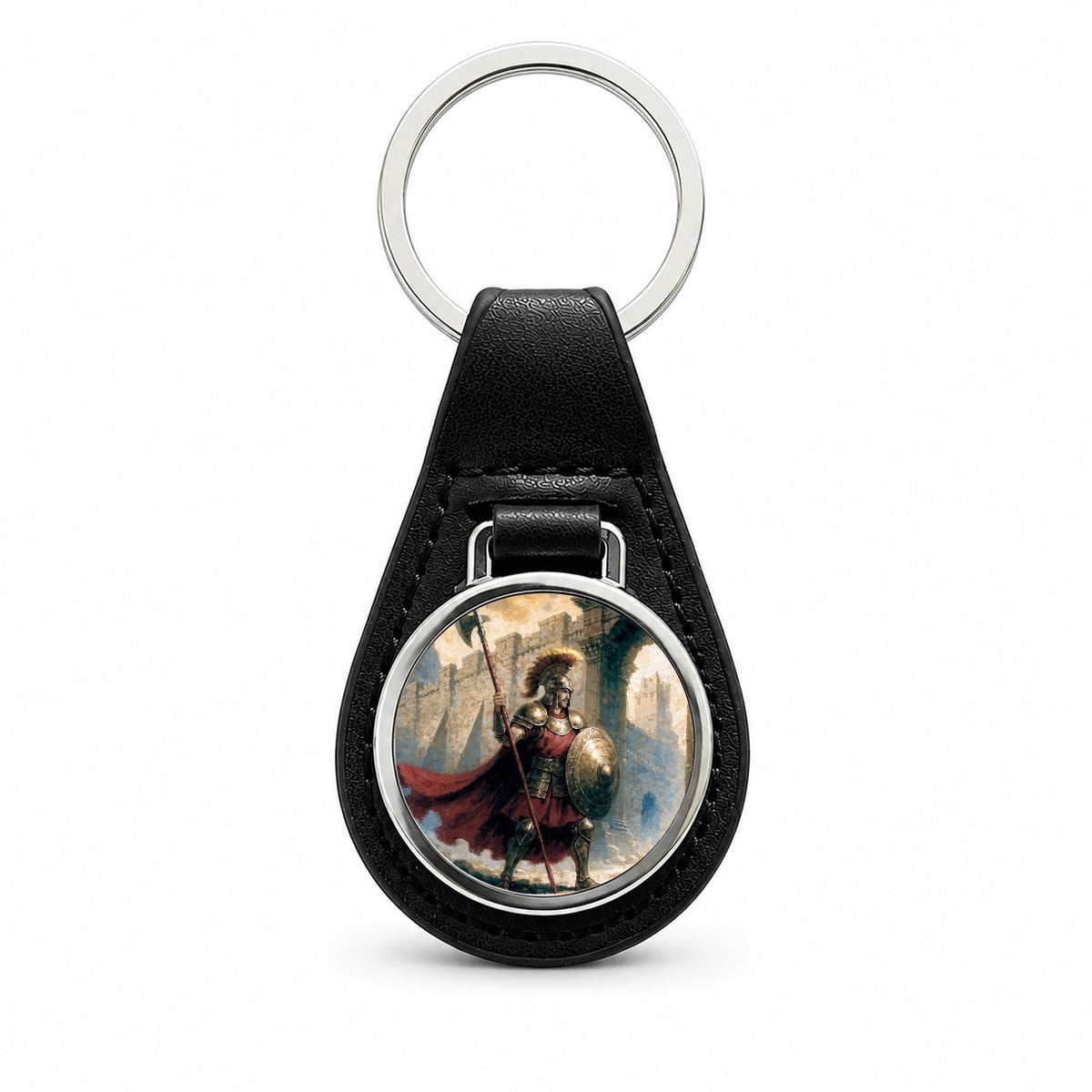 Hector Trojan Warrior Black Leather Metal Keychain