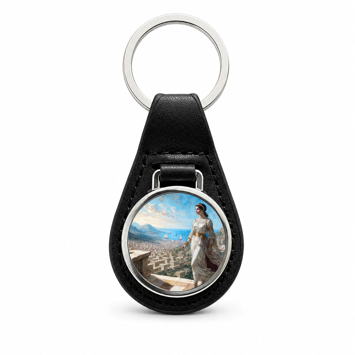 Helen Of Troy Black Leather Metal Keychain