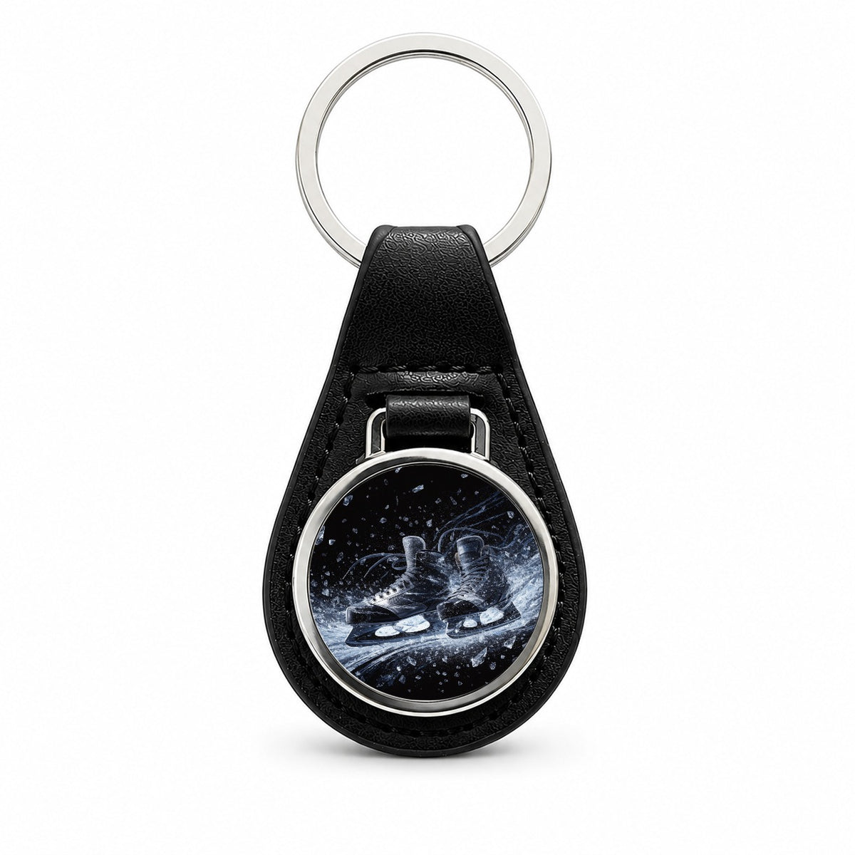 Hockey Skates On Ice Black Leather Metal Keychain