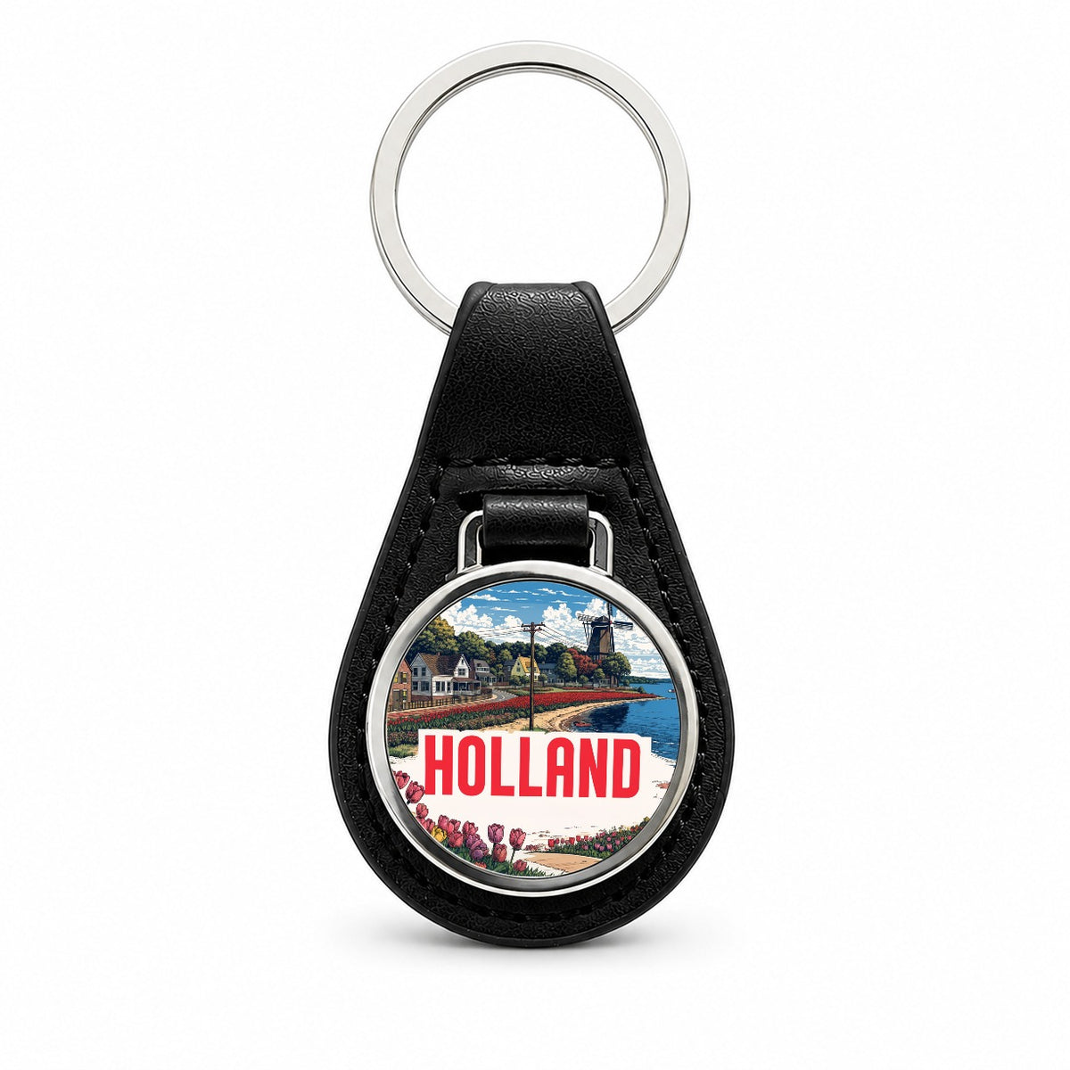 Holland Michigan Travel Black Leather Metal Keychain
