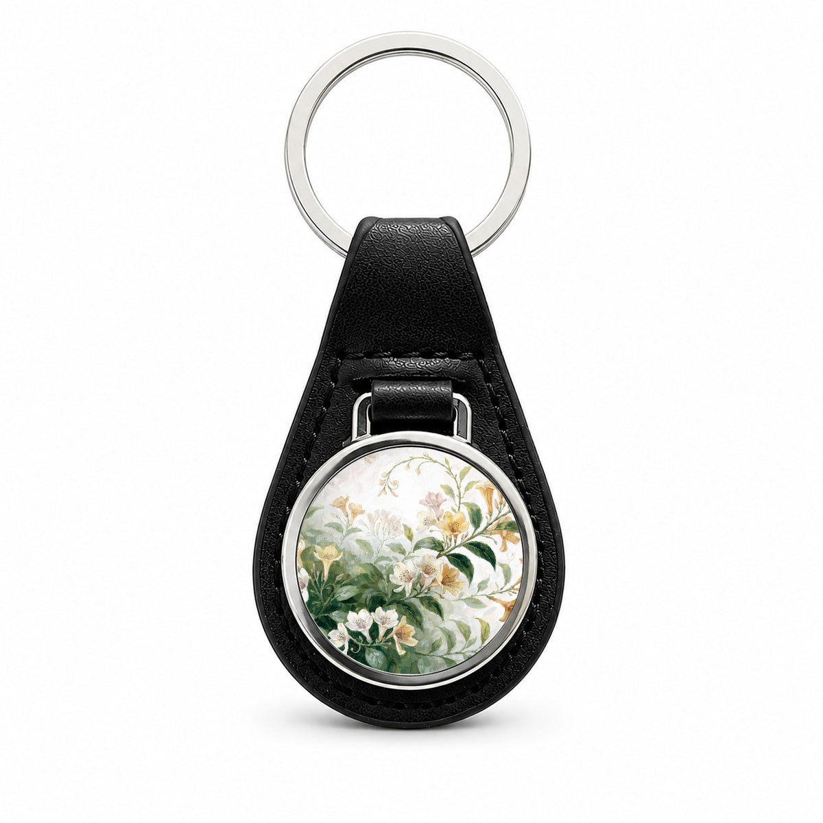 Honeysuckle Flowers Flowering Vine Black Leather Metal Keychain