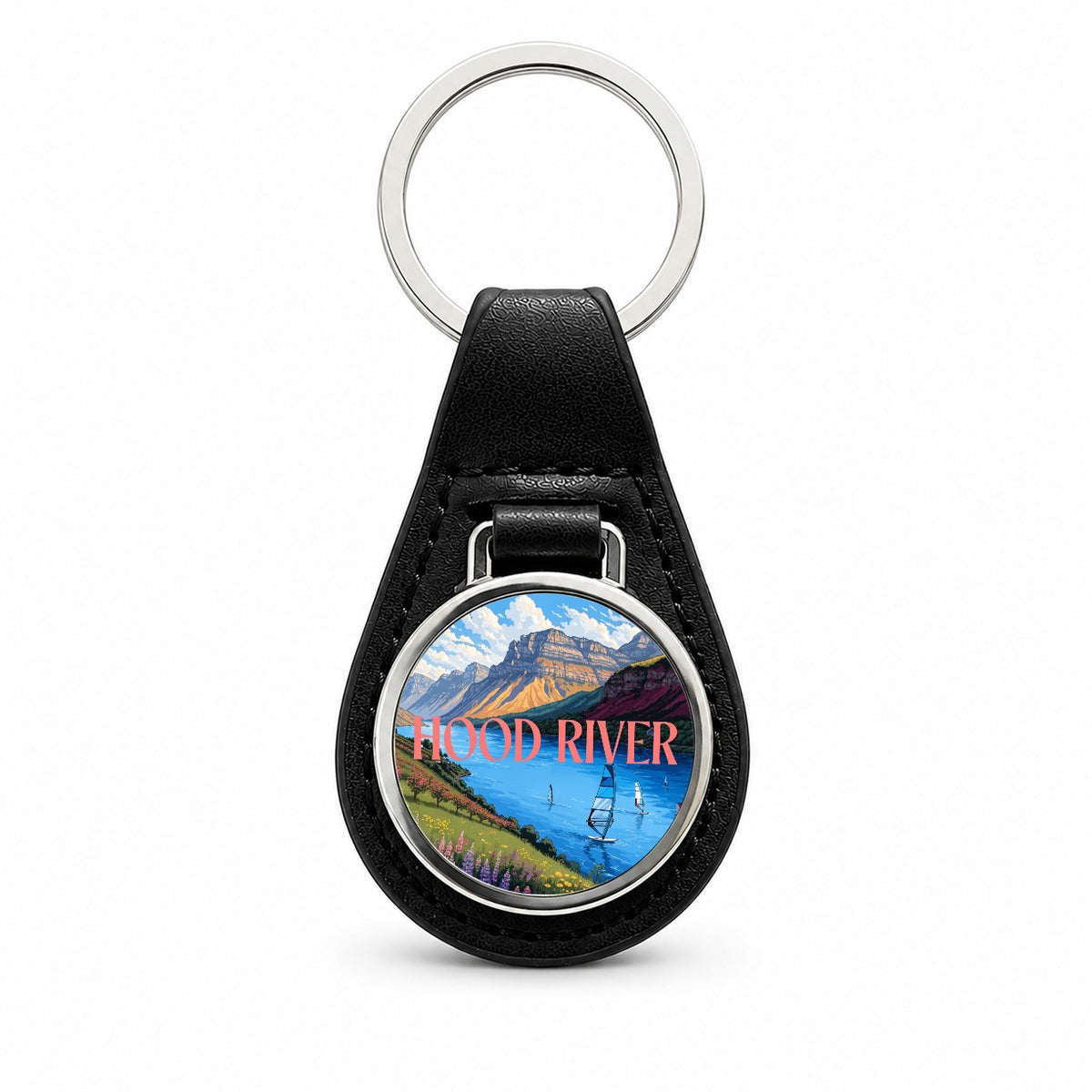 Hood River Oregon Travel Black Leather Metal Keychain