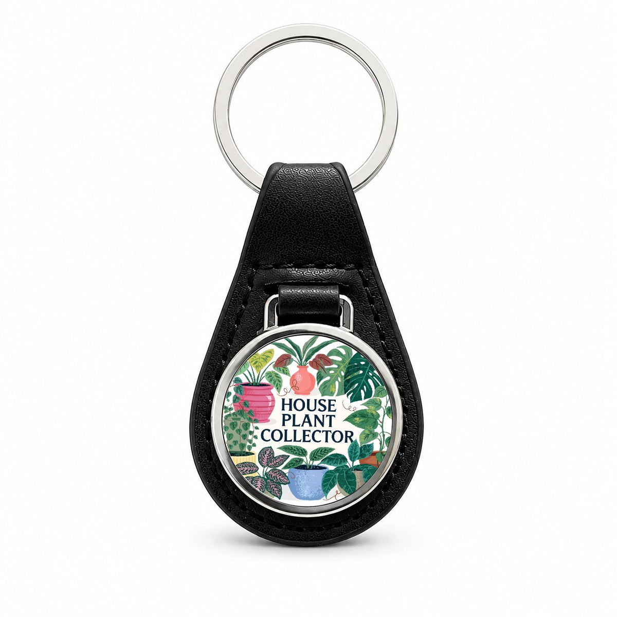 House Plant Collector Black Leather Metal Keychain