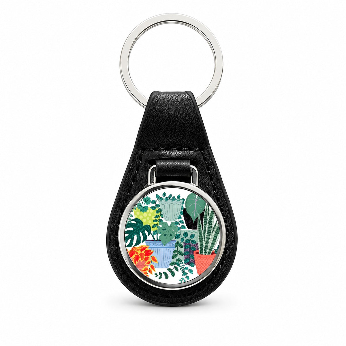 Houseplant Plant Lover Black Leather Metal Keychain