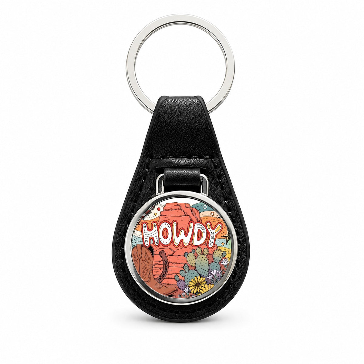 Howdy Country Cowboy Boot Cactus Black Leather Metal Keychain