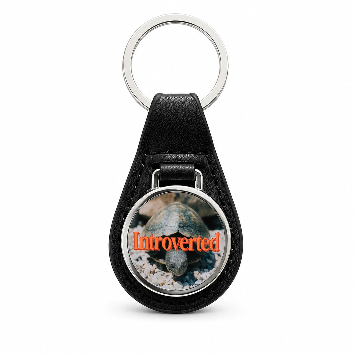 Introverted Shy Turtle Funny Black Leather Metal Keychain
