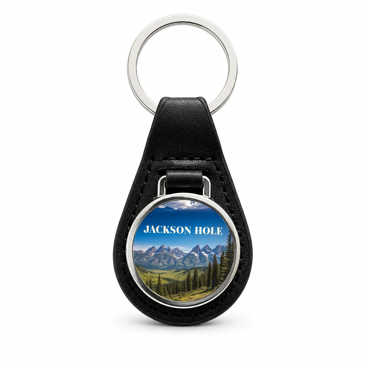 Jackson Hole Wyoming Travel Black Leather Metal Keychain