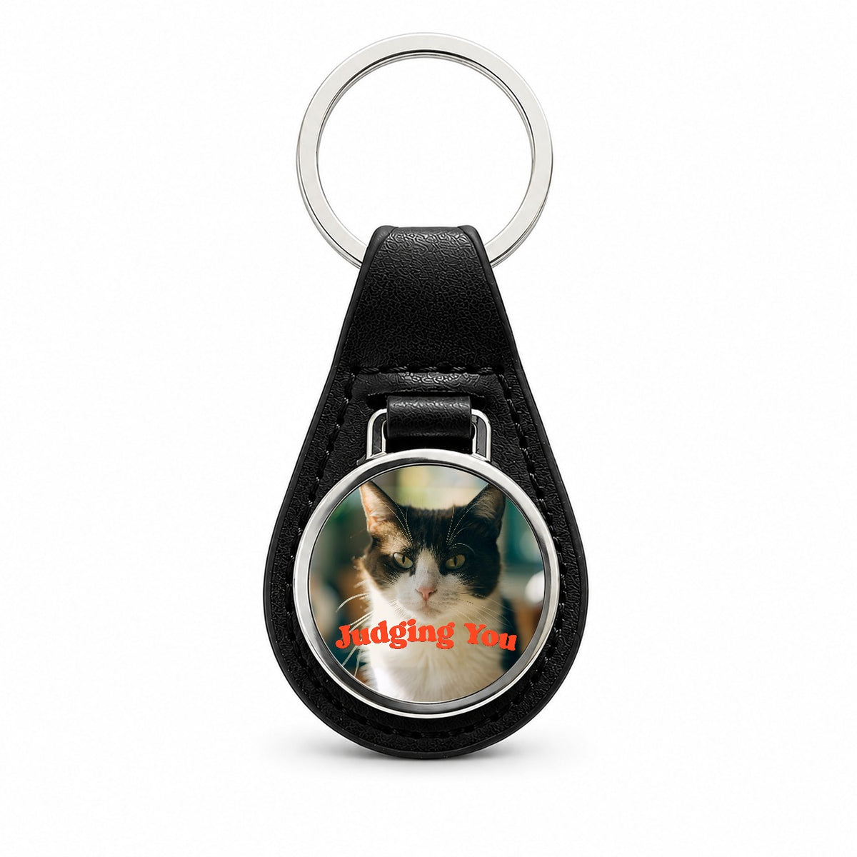 Judging You Cat Funny Black Leather Metal Keychain