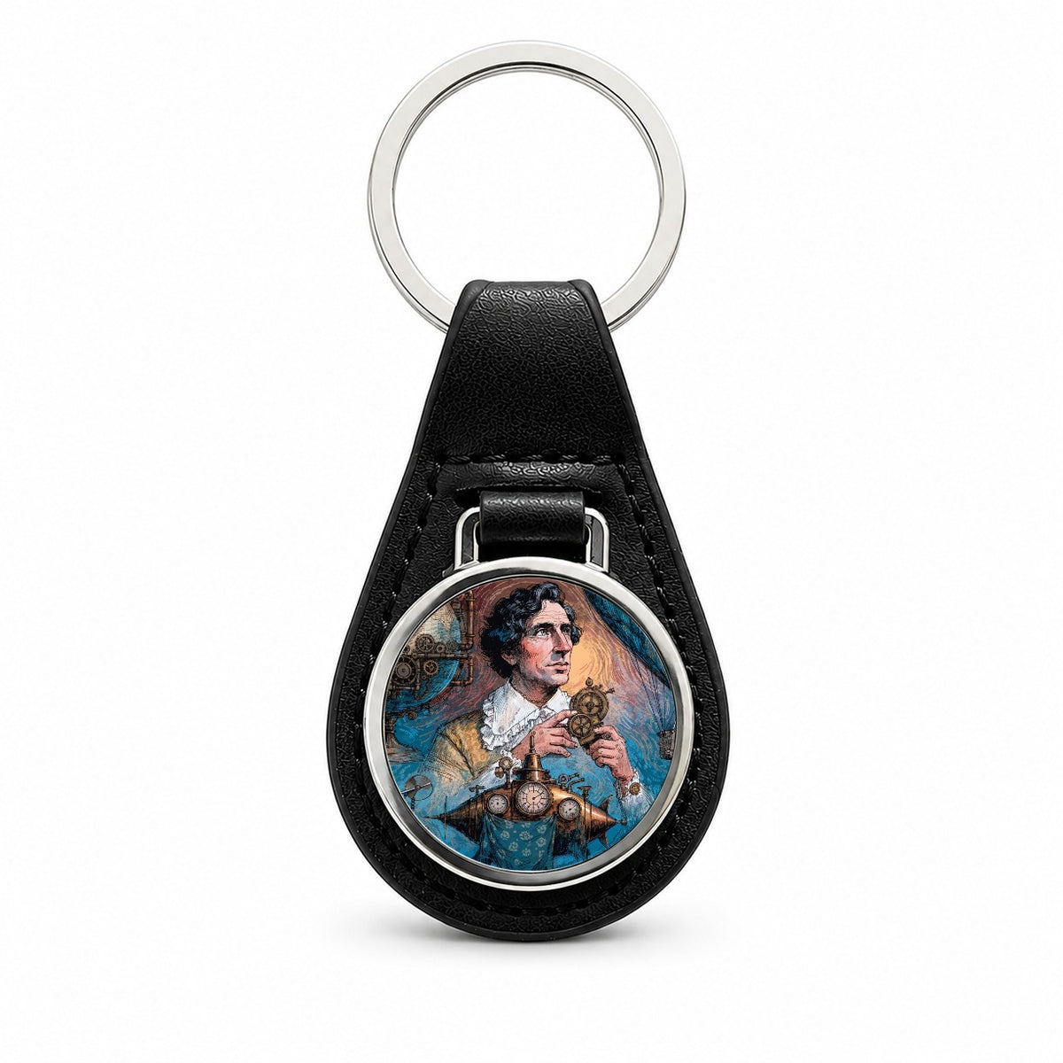 Jules Verne Author Black Leather Metal Keychain