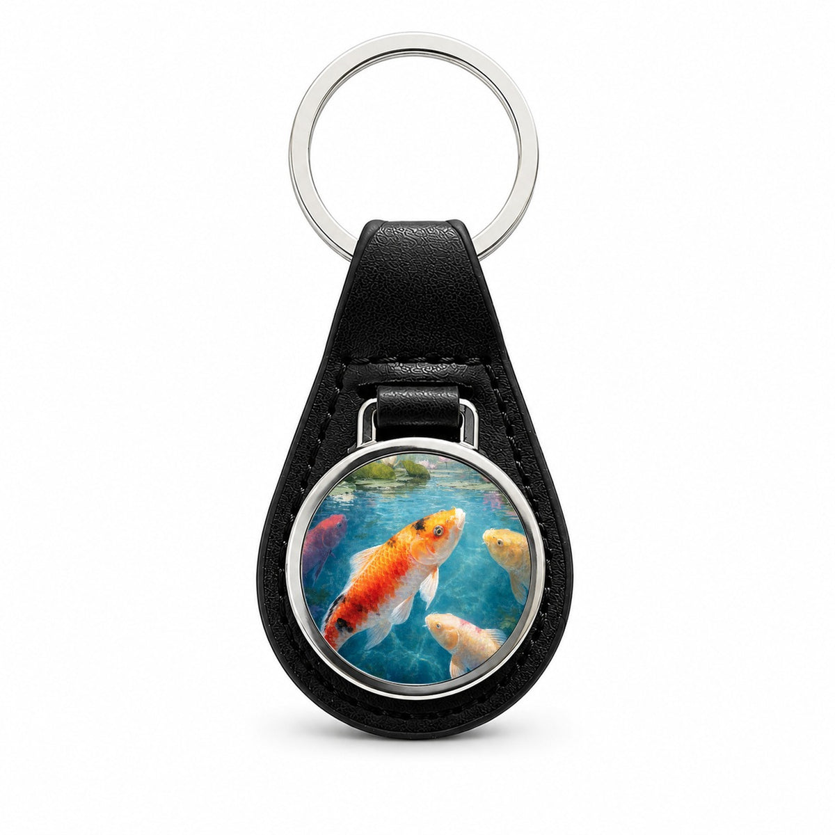 Koi Water Lily Pond Black Leather Metal Keychain