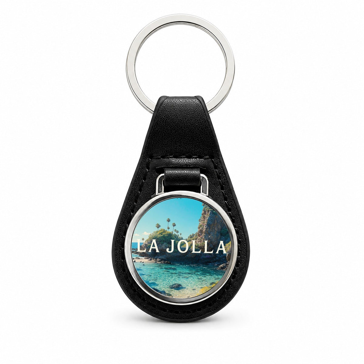 La Jolla California Travel Black Leather Metal Keychain