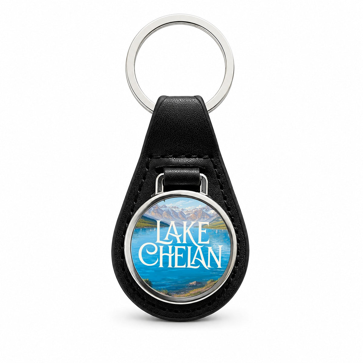Lake Chelan Washington Travel Black Leather Metal Keychain