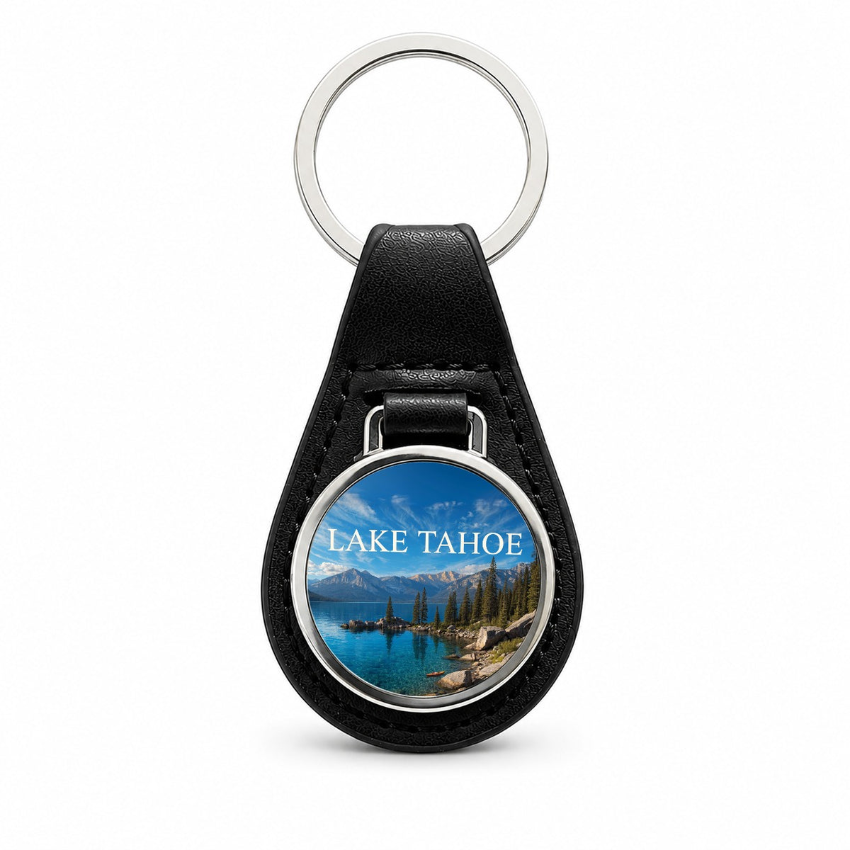 Lake Tahoe California Nevada Travel Black Leather Metal Keychain