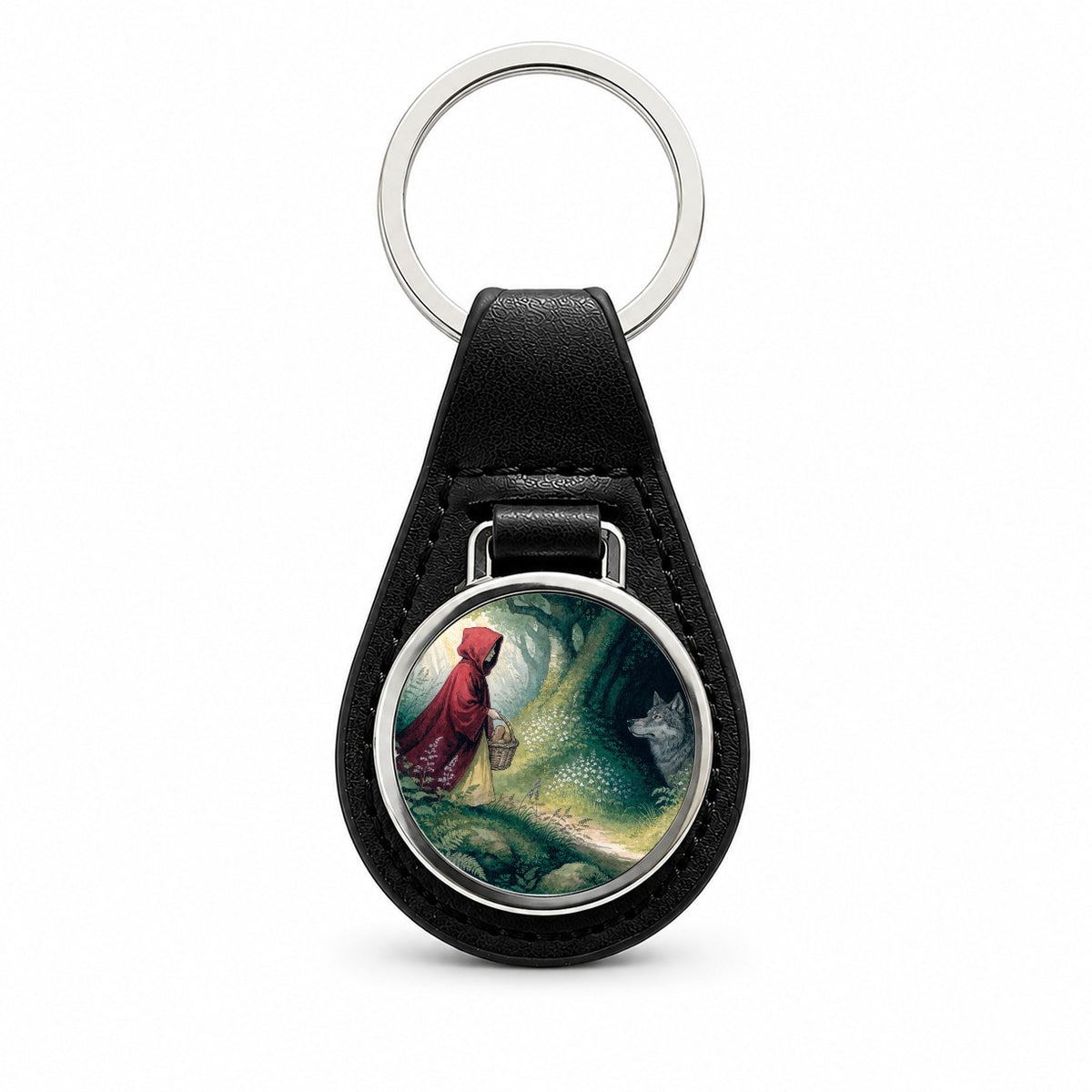 Little Red Riding Hood Black Leather Metal Keychain