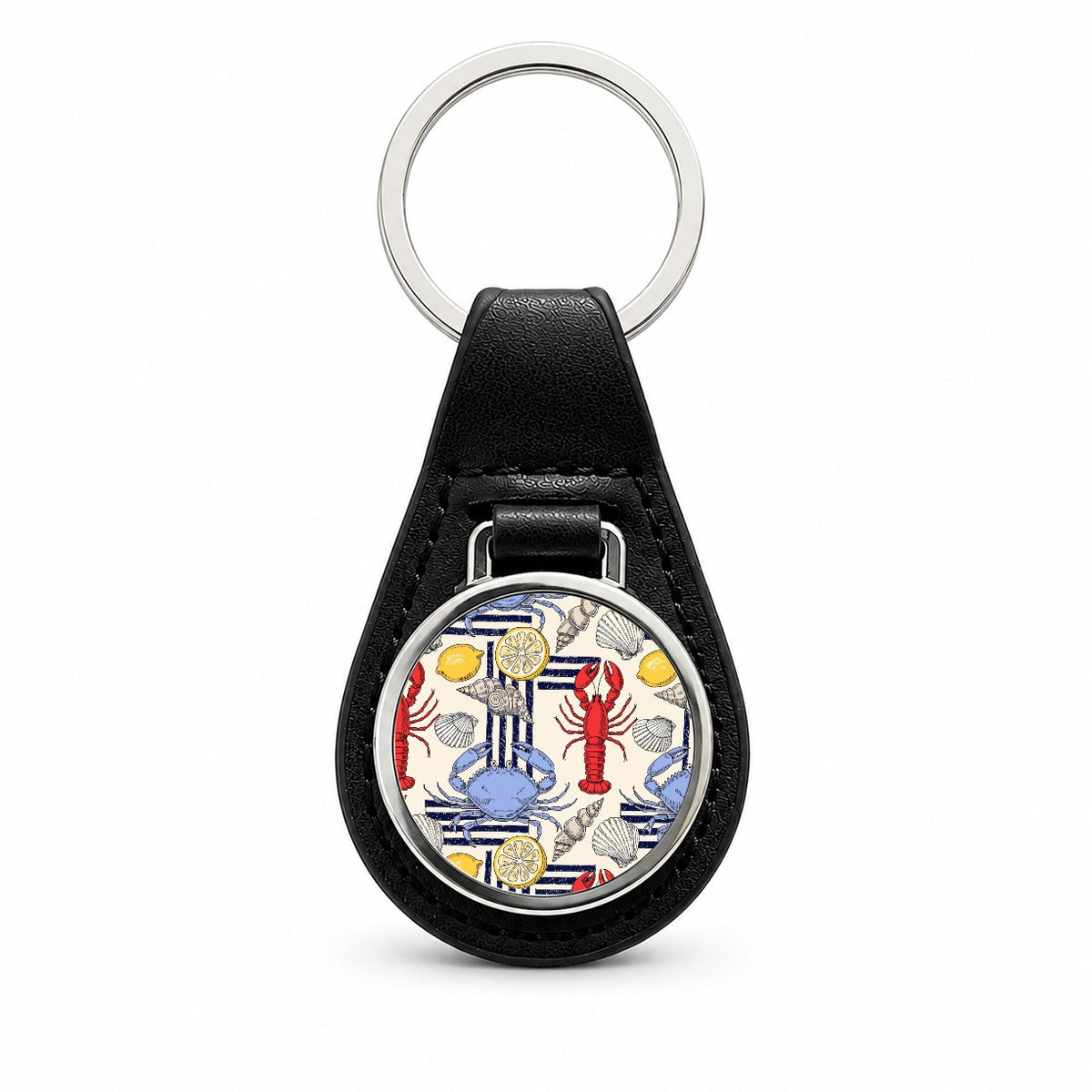 Lobsters Blue Crabs Lemons Black Leather Metal Keychain