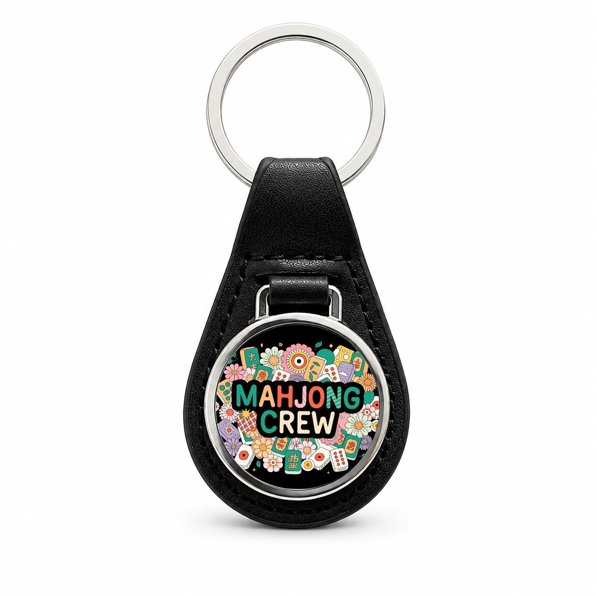 Mahjong Crew Game Colorful Black Leather Metal Keychain