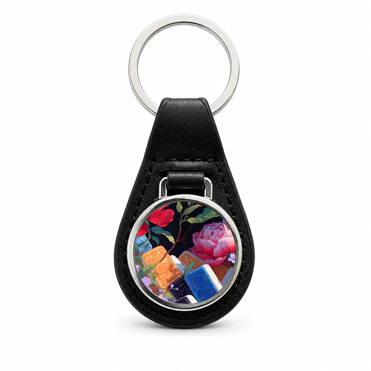 Mahjong Tiles Flowers Black Leather Metal Keychain