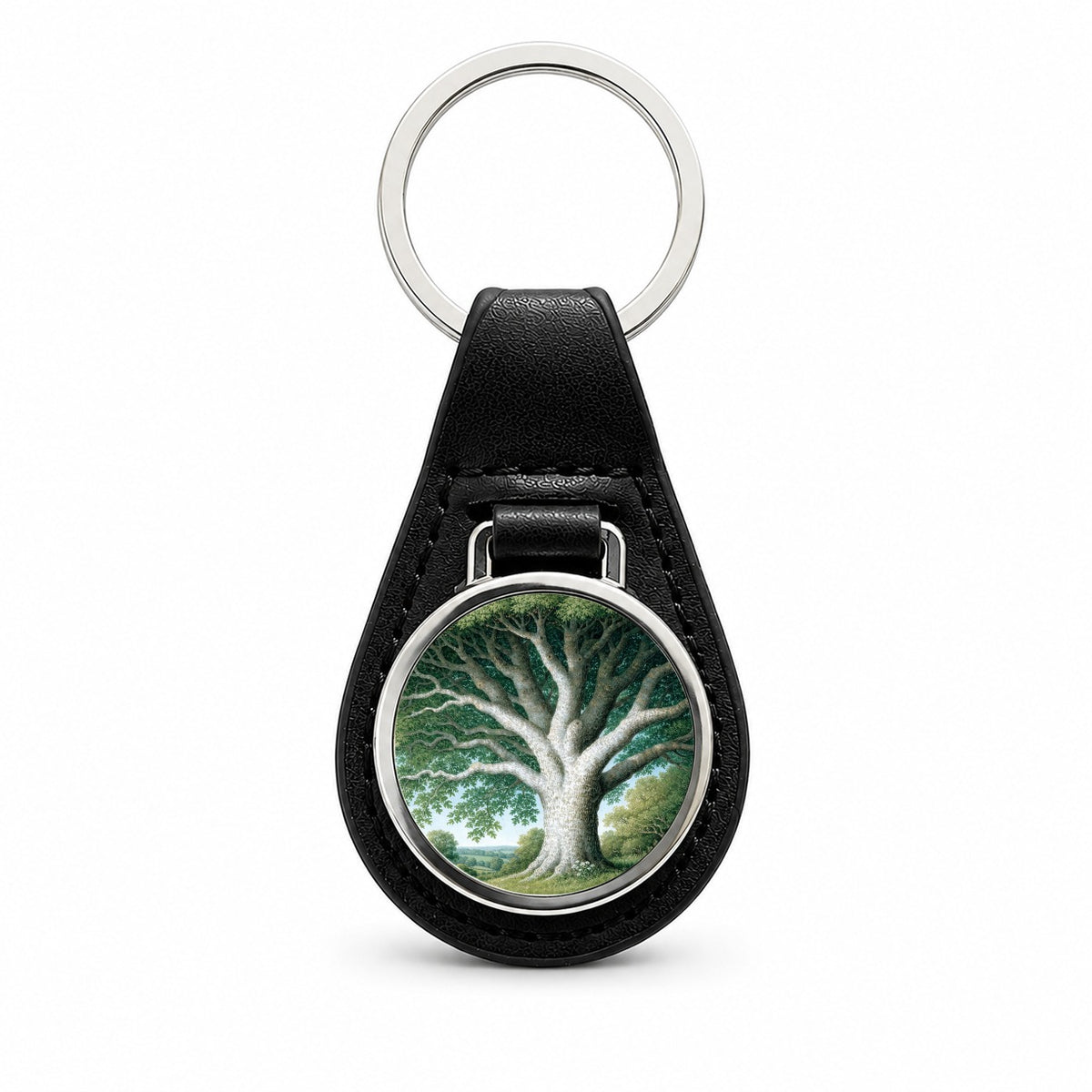 Majestic Sycamore Tree Black Leather Metal Keychain