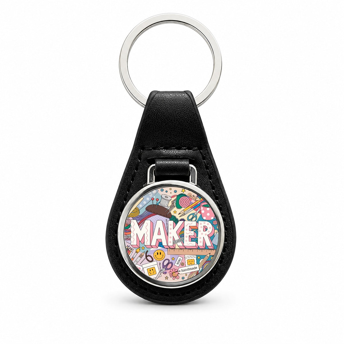 Maker Crafting Handmade Sewing Cute Black Leather Metal Keychain