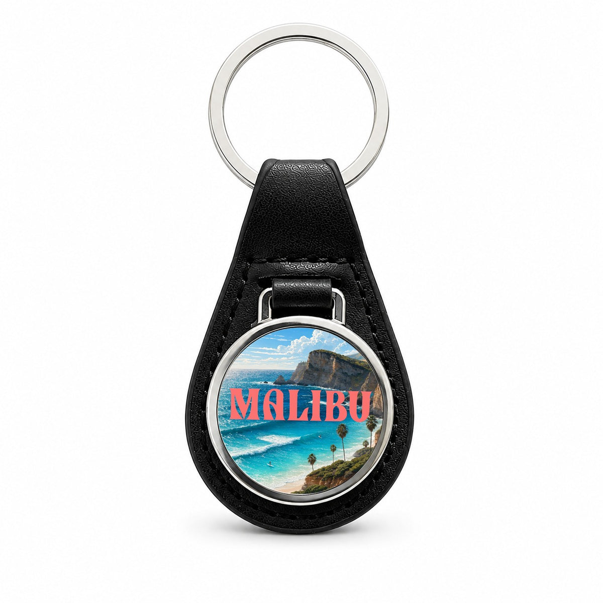 Malibu California Travel Black Leather Metal Keychain