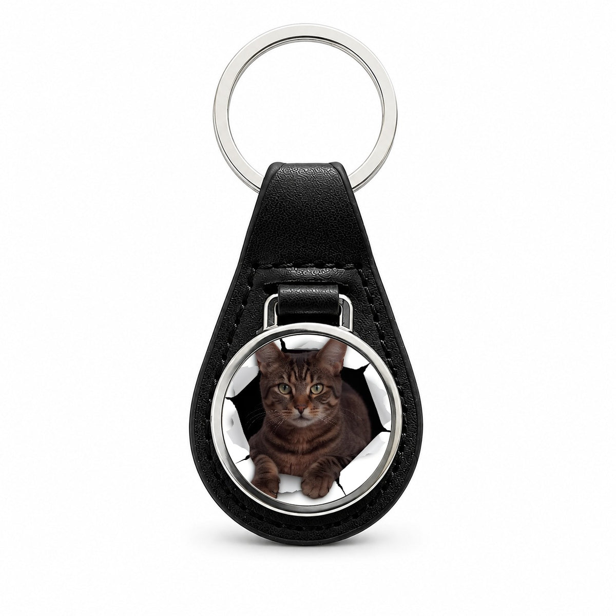 Manx Cat Breakout Black Leather Metal Keychain