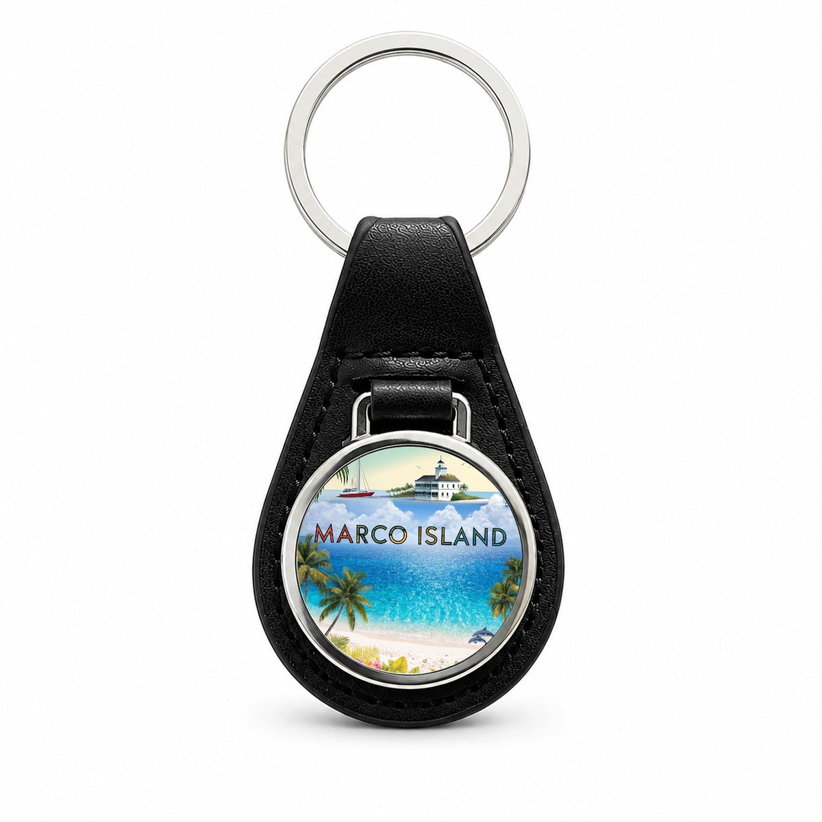 Marco Island Florida Travel Black Leather Metal Keychain