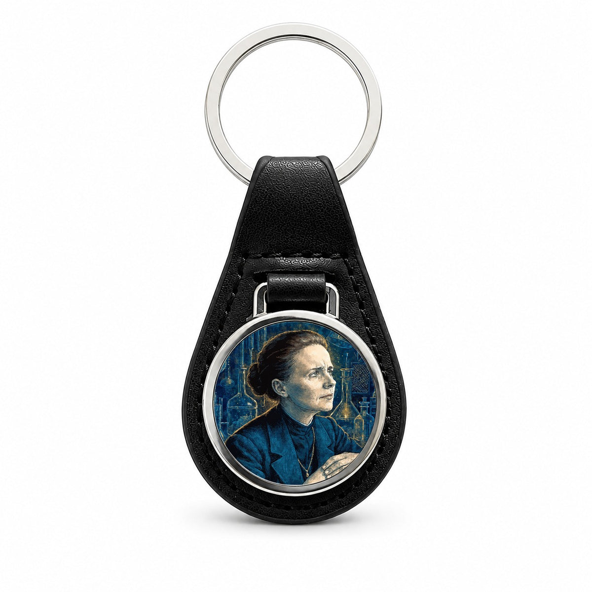 Marie Curie Scientist Black Leather Metal Keychain