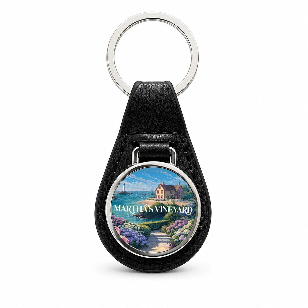 Martha's Vineyard Massachusetts Travel Black Leather Metal Keychain
